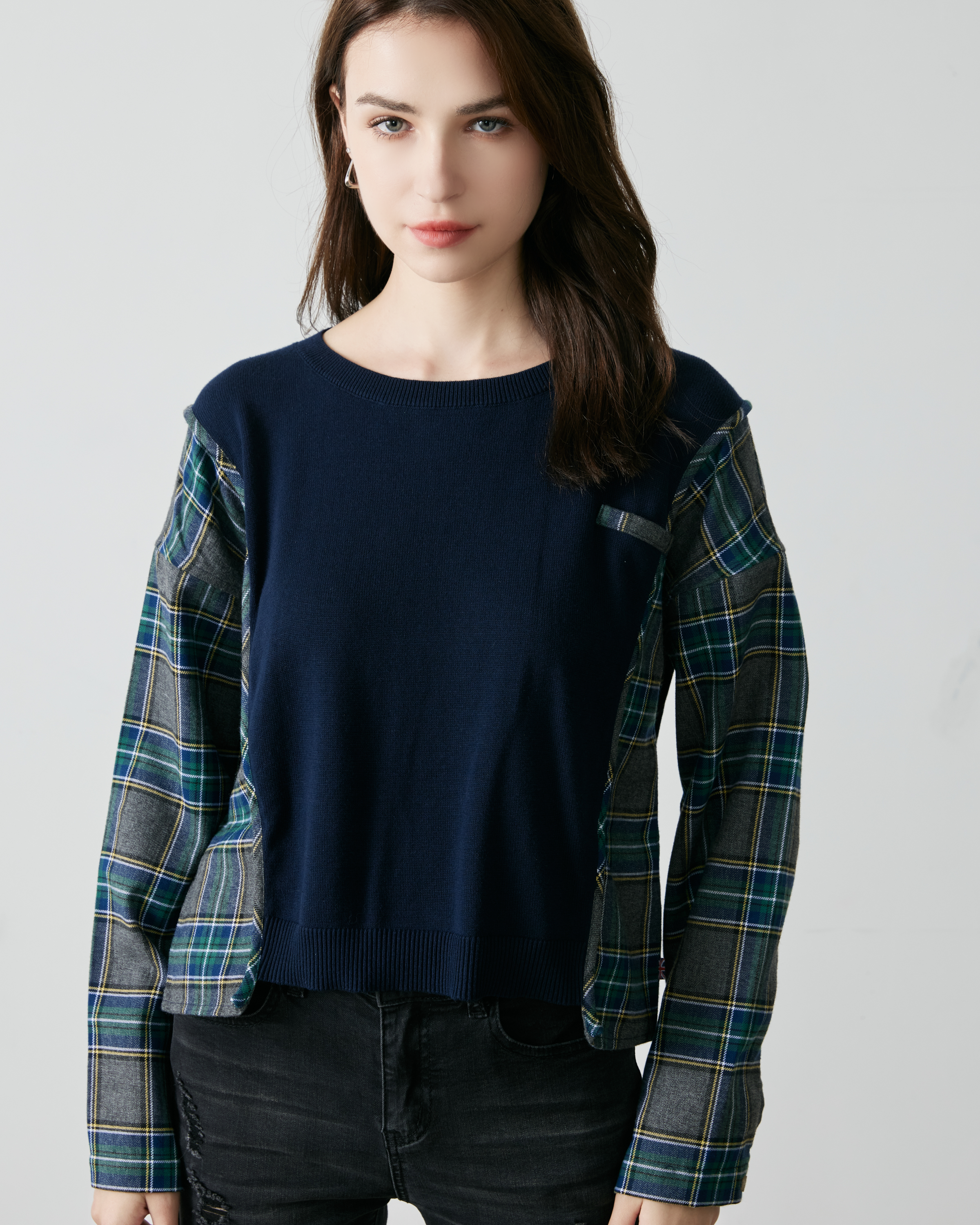 University of Carnaby knotted woolen plaid crew neck top #CL23F-602