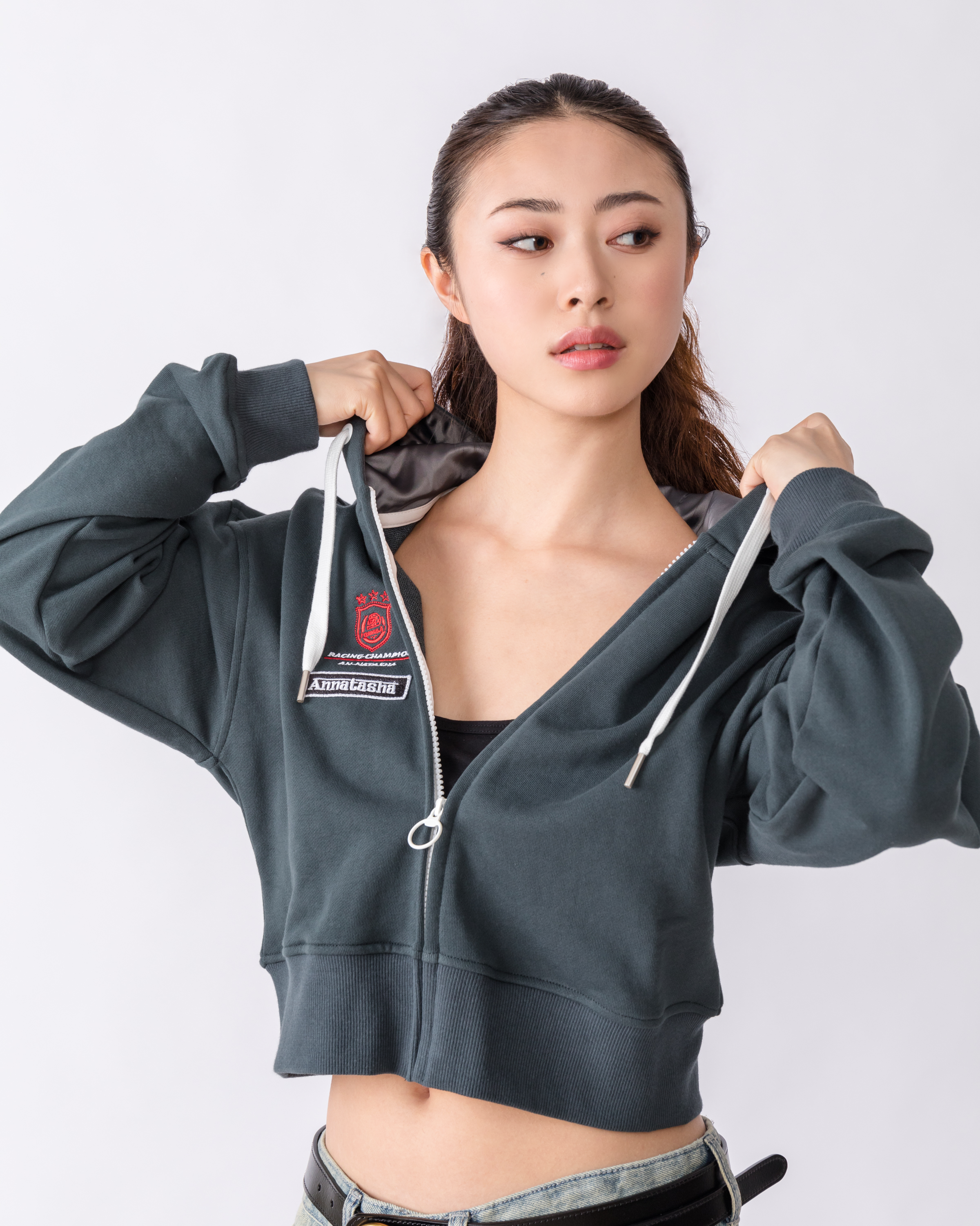 AN-NATASHA Drop shoulder hooded embroidered zipper jacket #AN23F-532