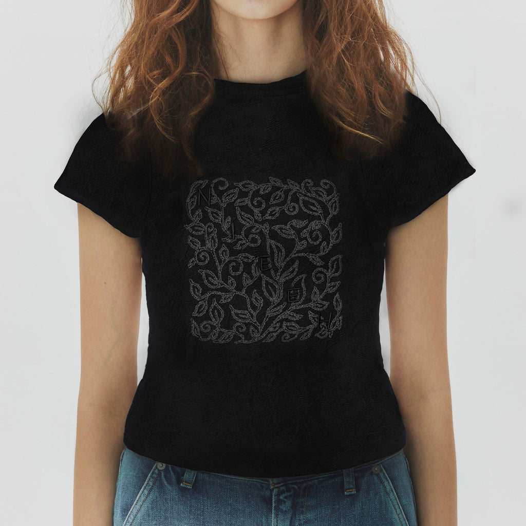NIEEH Women's Black Leaf T-Shirts