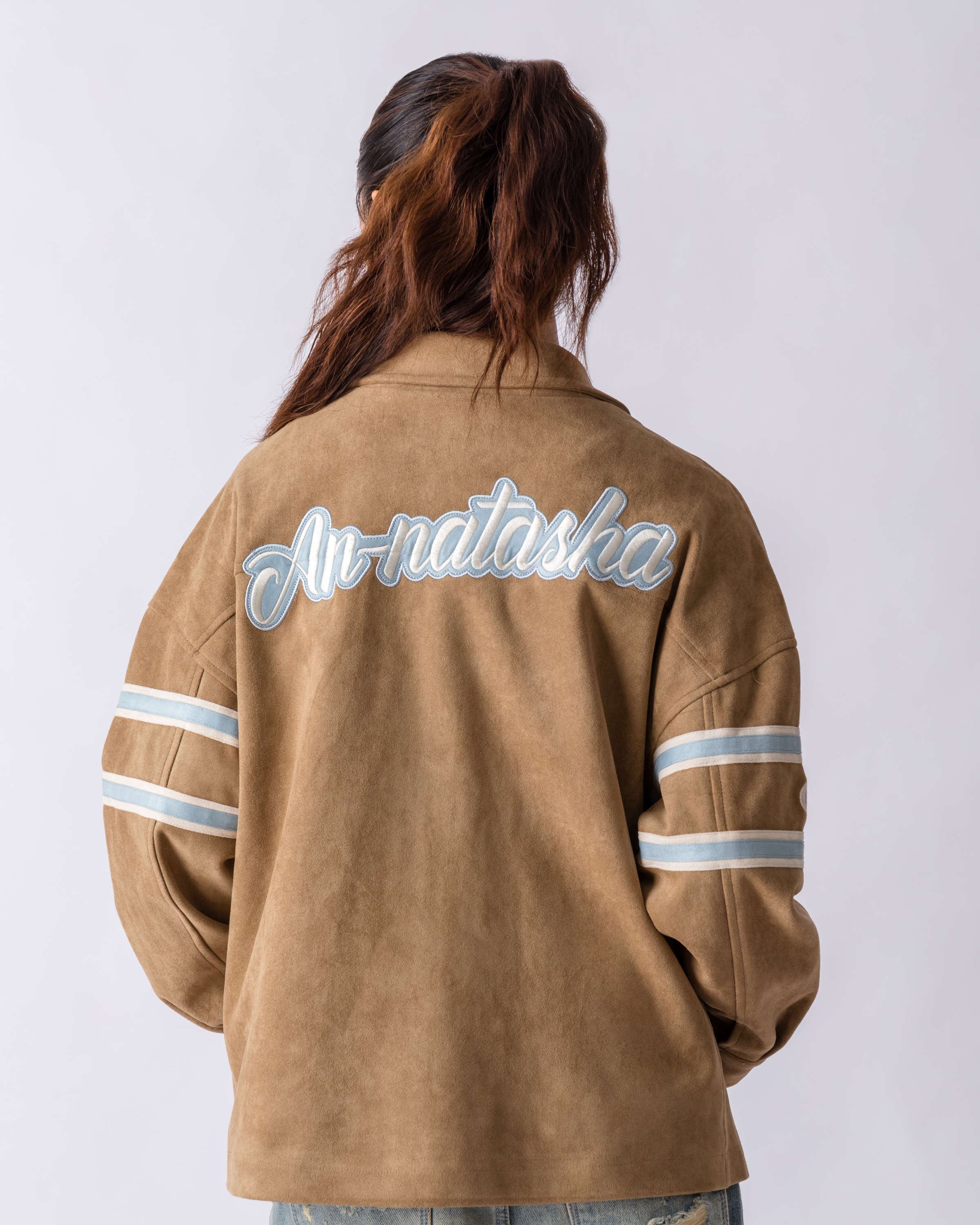 AN-NATASHA Loose lapel faux leather zippered jacket