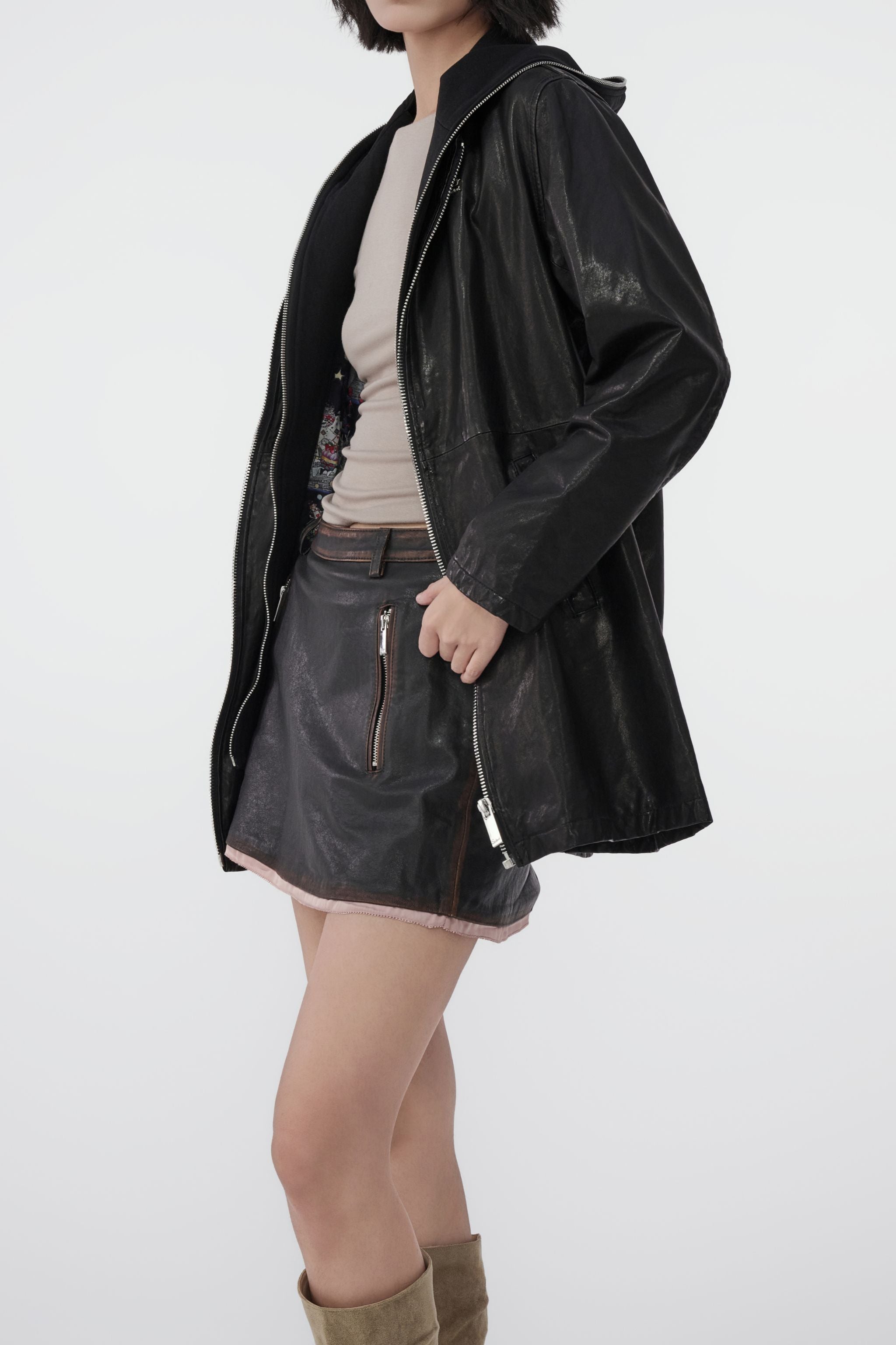 Salad 假兩件連帽皮褸