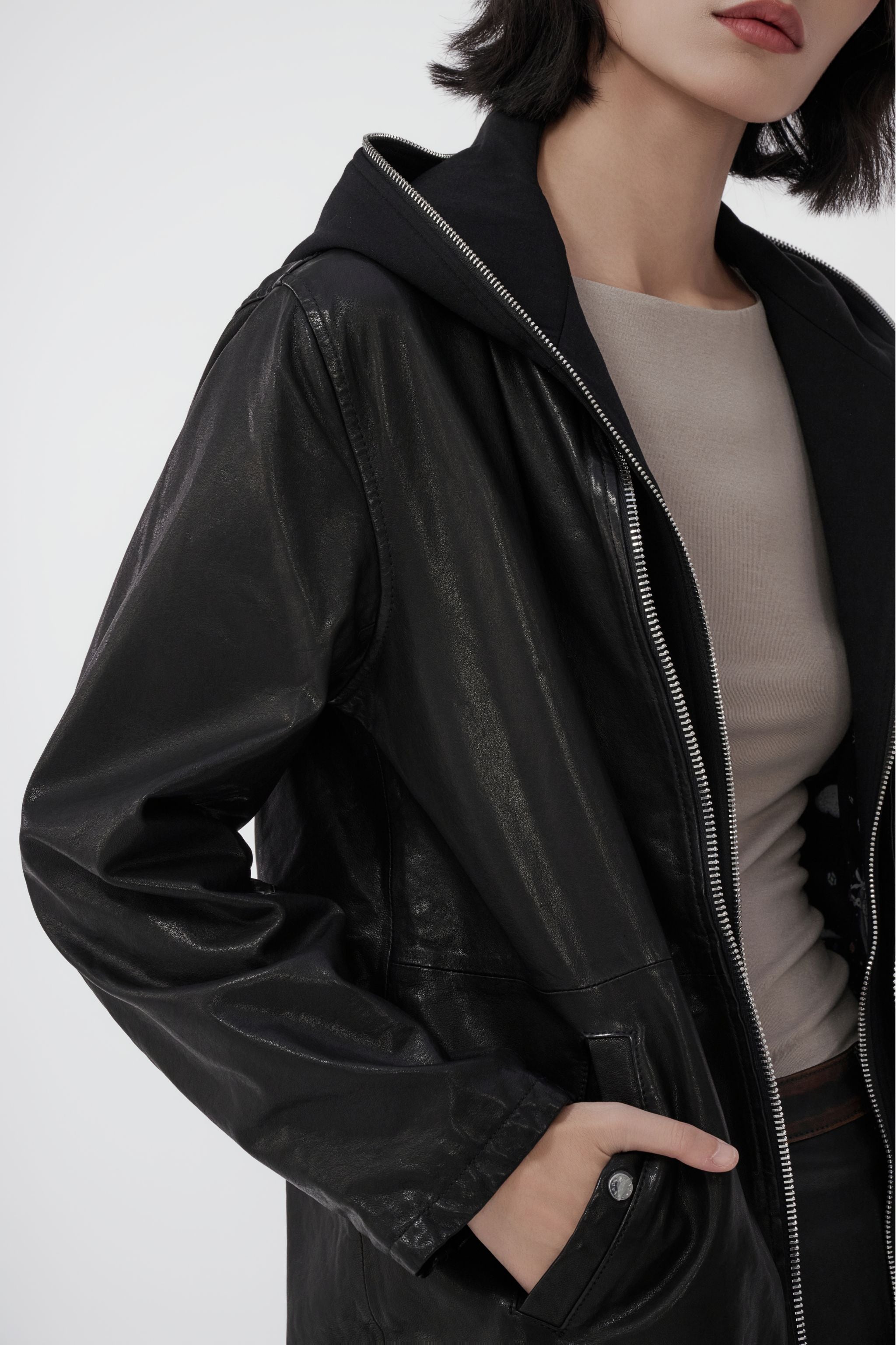 Salad 假兩件連帽皮褸