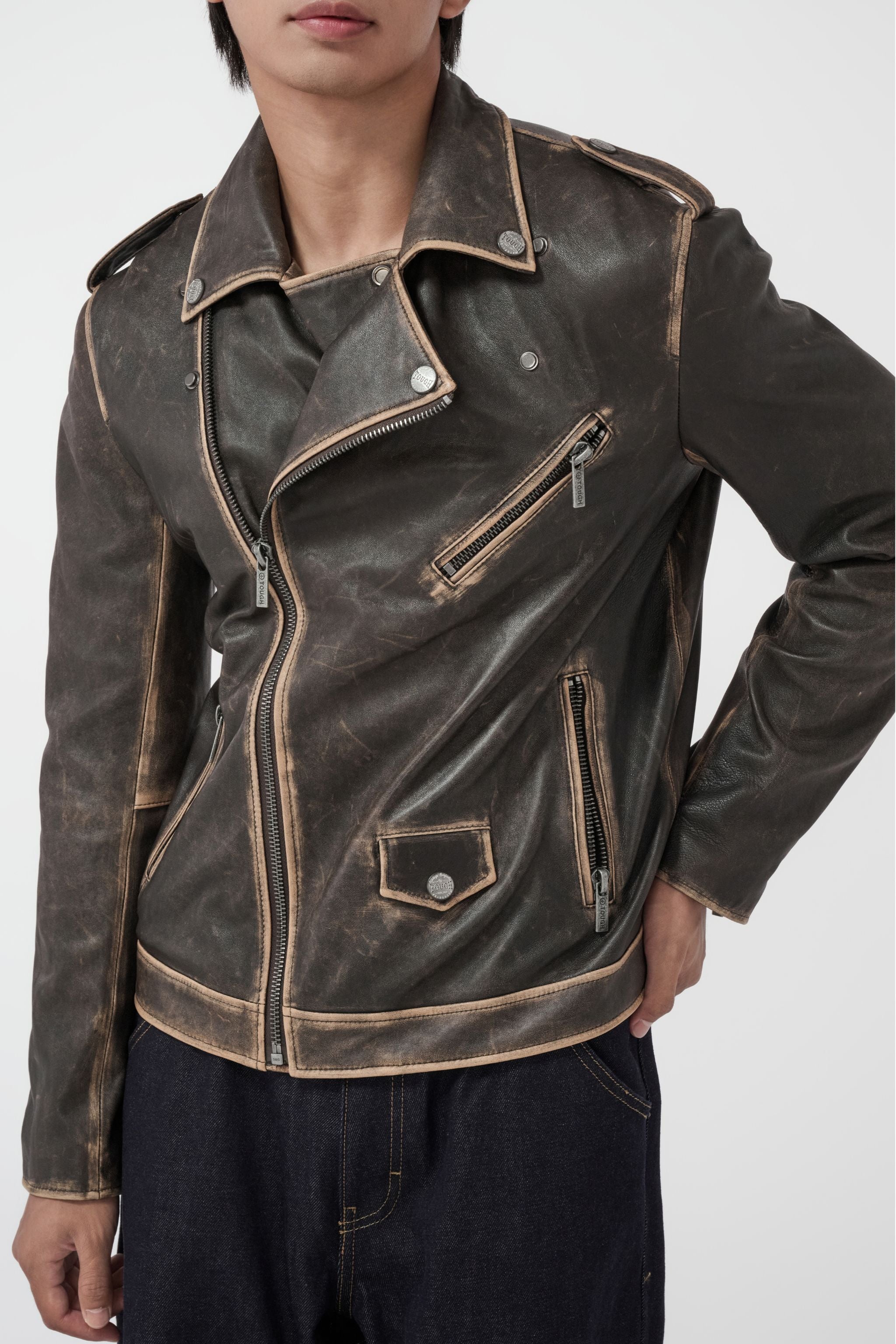 TOUGH JEANSMITH 洗水啡色皮革夾克