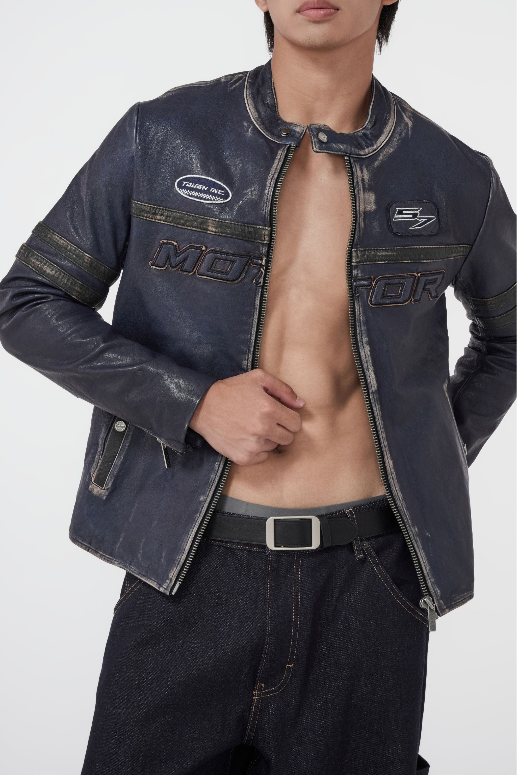 TOUGH JEANSMITH 洗水藍色賽車皮革夾克