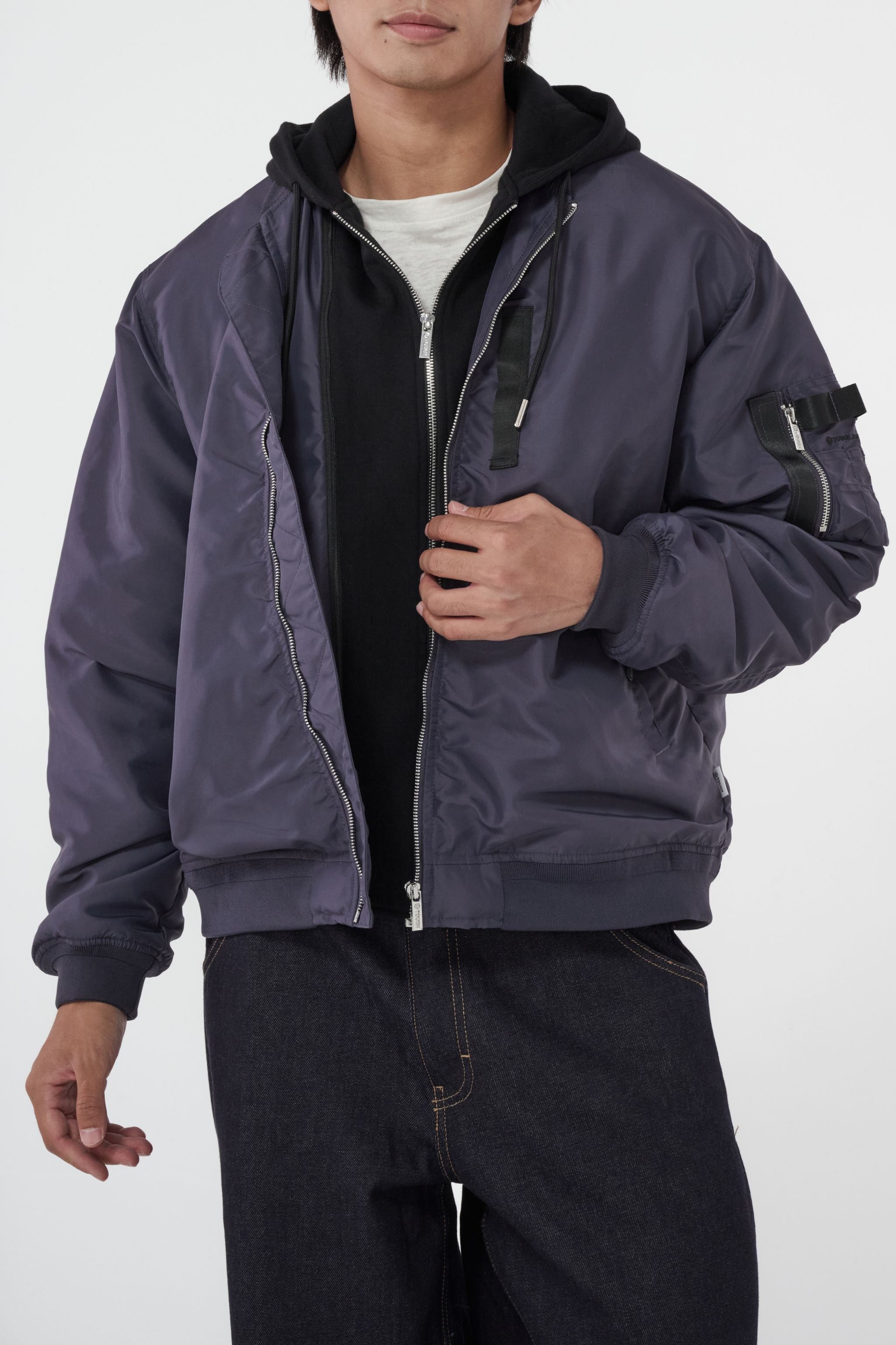 TOUGH JEANSMITH 灰藍色可拆卸連帽MA-1夾克